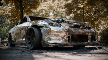 burned electric car shell after fire, melted aluminum body, daylight, realistic textures