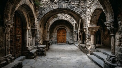 Naklejka premium Historic stone cloister corridor features arches and a weathered wooden door at the end showing ancient texture and atmospheric depth.
