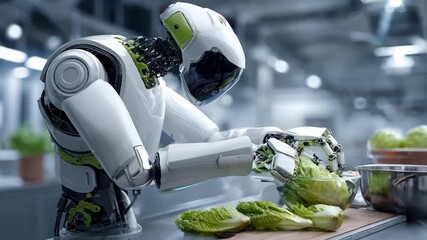 Robotic chef efficiently slicing vegetables and mixing ingredients in sync with a nutritional algorithm for precise meal customization in a techdriven environment.