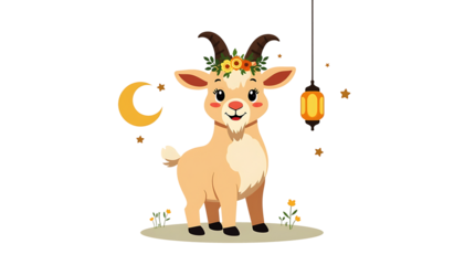 Whimsical Eid Mubarak Design — Fluffy Goat with Flower Crown, Moon & Glowing Lantern

