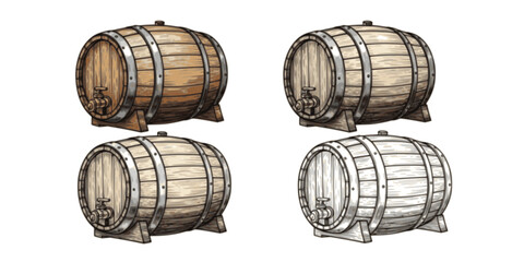 Beer or wine barrels ioslated on white background, engraving style color and black and white vector illustration
