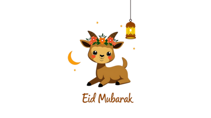 Sweet Eid Mubarak Illustration — Sitting Goat with Floral Crown, Moon & Hanging Lantern

