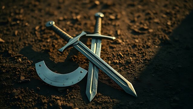 speciation. Medieval sword and axe crossed on a ground, dirt and minimal debris, dramatic side lighting. event programs, museum guides, designed for cultural heritage projects and event programs.