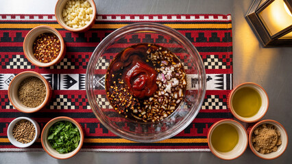 Overhead Shot of Mixing Spicy Marinade with Garlic, Onions and Spices in Glass Bowl on Sadu Runner


