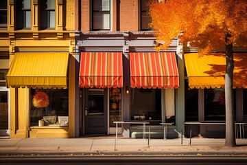 Row of urban shops with striped and solid awnings under a bright fall tree