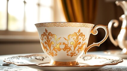 regularizing. Elegant white porcelain teacup with gold filigree patterns, soft window light highlighting delicate details. bar promotions.