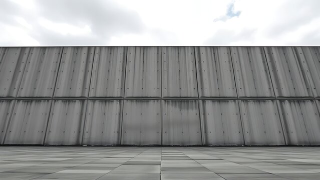 subjugating. A massive, cold concrete wall extending forward under an overcast sky. real-estate listings, architecture portfolios, designed for real-estate listing and luxury residence showcases.