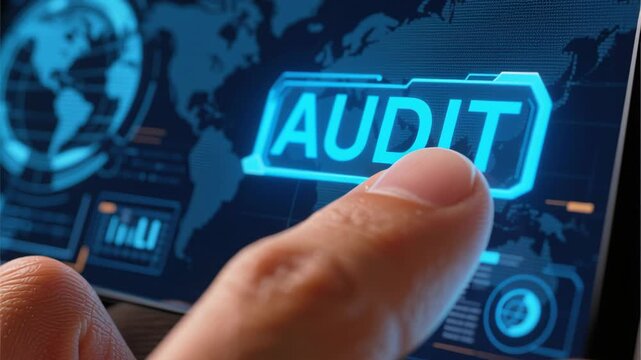 Audit business compliance rules law regulation policy document validation quality assurance concept with finger pressing digital screen button futuristic interface