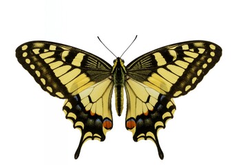 Fototapeta premium High Angle View of Yellow Swallowtail Butterfly Papilio Machaon Specimen, Vibrant Patterned Wings on White Background for Educational and Scientific Projects