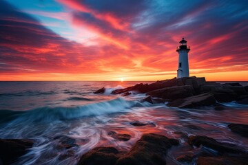 Lighthouse standing on rocky shore with waves crashing under vibrant sunset sky