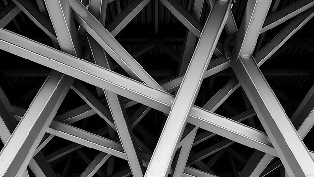 disequilibrium. Structural lattice of intersecting steel I-beams forming a repeating geometric pattern. real-estate listings.