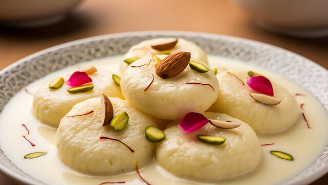 Rasmalai Indian Sweet Dessert with Saffron, Almonds & Pistachio in Creamy Milk