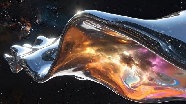 Abstract chrome wave flowing through space, reflecting vibrant nebulae and cosmic light.
