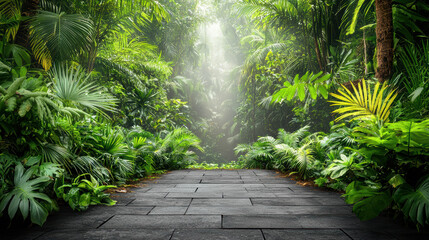 A stone pathway leads into a vibrant and lush tropical rainforest with dense green vegetation and sunlight streaming through the canopy in a serene environment.