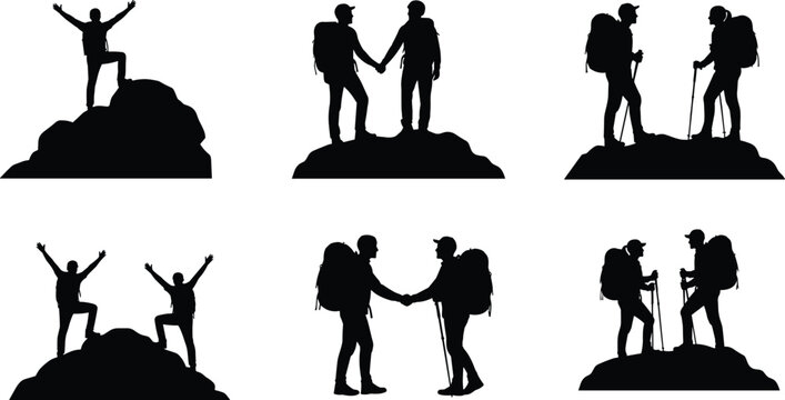 Hiking silhouettes set, mountain climbers trekking, backpackers reaching peak, outdoor adventure collection, people walking, handshake, success pose, black vector icons, isolated