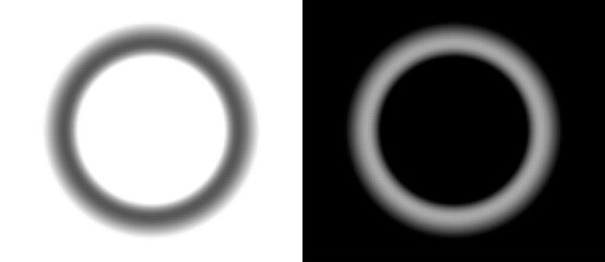 Circular ring of dots halftone gradient with empty center. Abstract pointillism makes depth illusion, suitable as icon, logo, sign or minimal graphic element. Black and white themes.