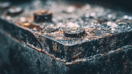 dirty car battery top covered with salt and moisture, corrosion traces, close up realistic macro photography, educational technical mood