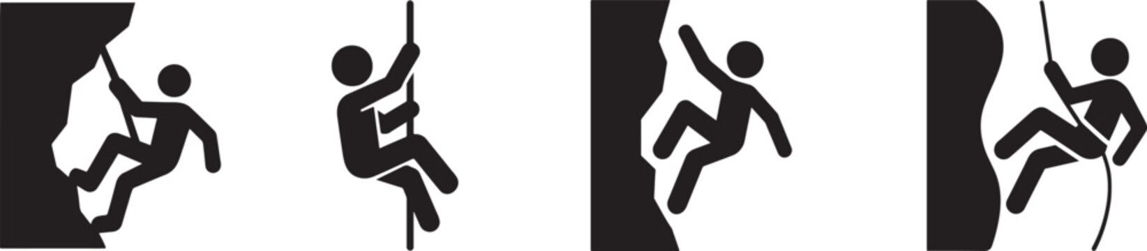 Rock climbing silhouette vector set with dynamic climbers, bold EPS design isolated on white.
