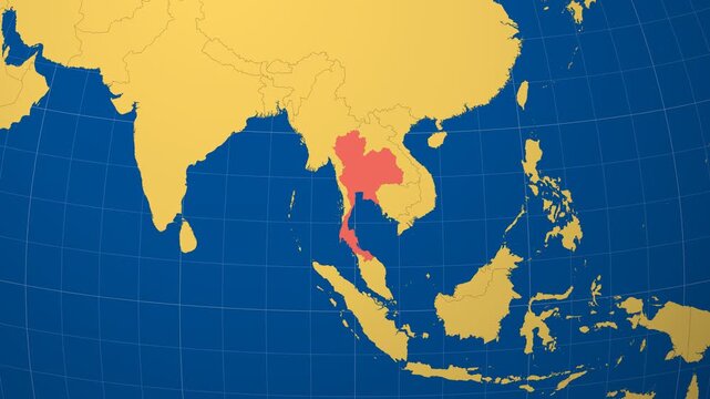 Thailand on Globe. Animated zoom into the country in Ocean Blue Golden Yellow color palette. Thailand logo animation. Map with meridians, parallels. Trending video.
