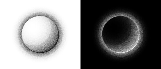 Sphere with dispersed dots forming halo. Abstract pointillism evokes sun icon, minimal logo or sign with soft texture and radial depth illusion. White and black theme.