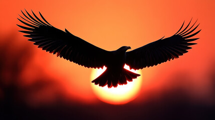 Majestic Eagle Soaring Against Vibrant Sunset Horizon Sky