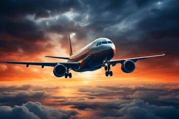 Obraz premium Commercial airplane flying above a dramatic sky with dark clouds and orange sunset light