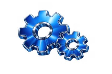Blue metallic cogwheels representing settings, engineering, and digital technology on a transparent background