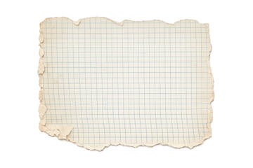 Obraz premium Old torn graph paper with crumpled edges, horizontal piece of vintage checked grid paper texture on transparent background