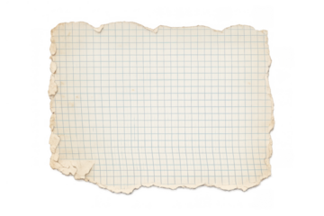 Old torn graph paper with crumpled edges, horizontal piece of vintage checked grid paper texture on transparent background