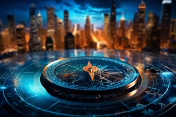 Illuminated compass navigating urban skyline representing strategic vision and precise guidance