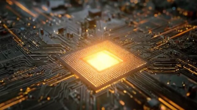 A captivating close-up portrays a high-tech electronic circuit board, where a central processing unit (CPU) radiates a brilliant, warm glow. Dynamic streams of digital information and energy flow acro