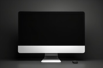Desktop computer monitor with blank screen and a mouse on dark background