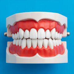 Obraz premium Dental model with white teeth and red gums on blue background image