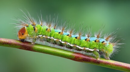 Fototapeta premium Vibrant Green Caterpillar Crawling on a Branch Surrounded by Soft Green Blurry Background in Natural Habitat with Fine Hairy Texture