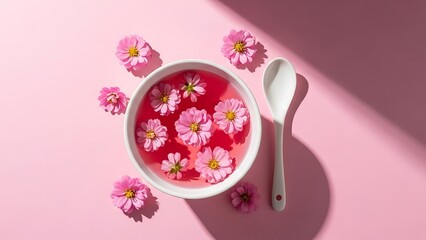 Delicate pink flowers floating in a bowl of pink liquid with a spoon
