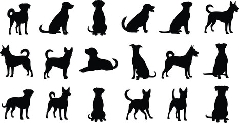 Black dog silhouettes collection featuring various canine breeds in sitting, standing, and lying down poses for pet animal vector icons. © MH STOCK