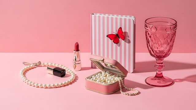 Beautiful pink accessories and gift box with butterfly decoration on pink background