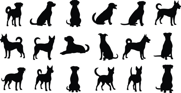 Black dog silhouettes collection featuring various canine breeds in sitting, standing, and lying down poses for pet animal vector icons.