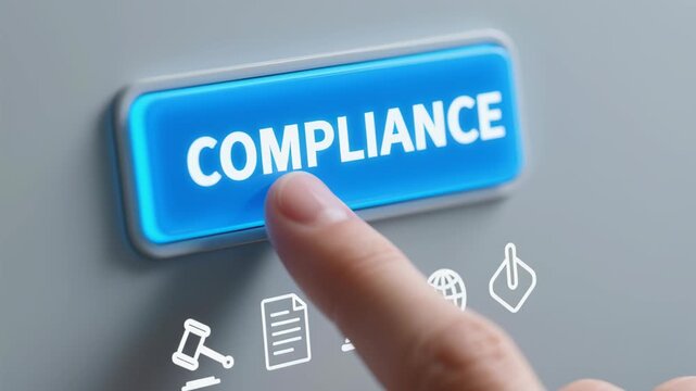 Compliance audit business law regulation policy document validation quality assurance rules concept finger pressing blue button gray background ensuring quality and policy regulation