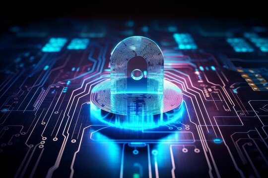 Glowing digital padlock securing sensitive information on a complex electronic circuit board - Powered by Adobe