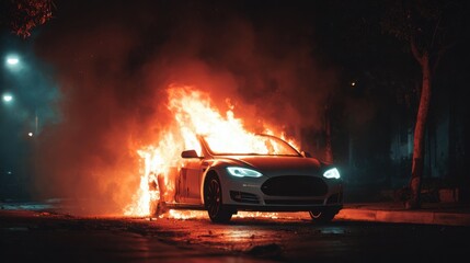 electric car on fire at night, intense flames from battery area, dark urban street, dramatic lighting, realism