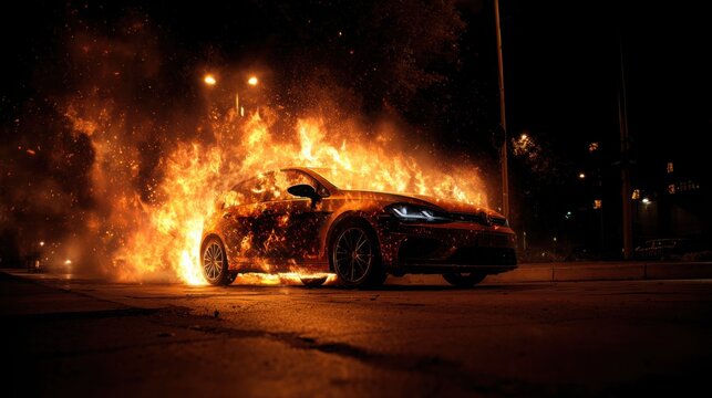 electric car on fire at night, intense flames from battery area, dark urban street, dramatic lighting, realism