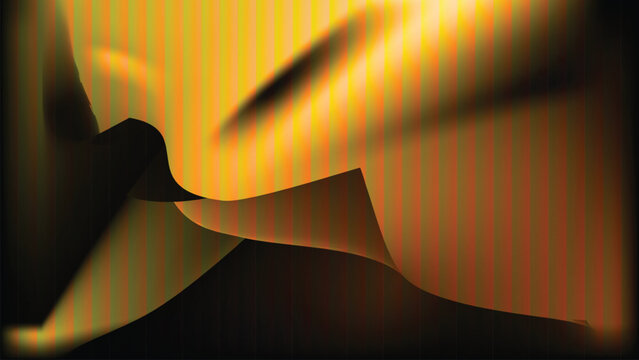 Curved yellow and orange forms beneath vertical red and green stripes