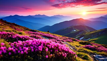 Obraz premium Vibrant Pink Rhododendron Flowers Blanket Mountain Slope at Sunrise