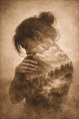 Tender self‑embrace with clouds and dew