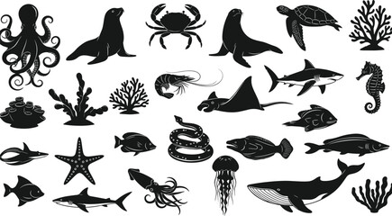 Obraz premium Black sea creature silhouettes collection featuring whale, shark, octopus, turtle, and coral reef animals in set of underwater vector icons.