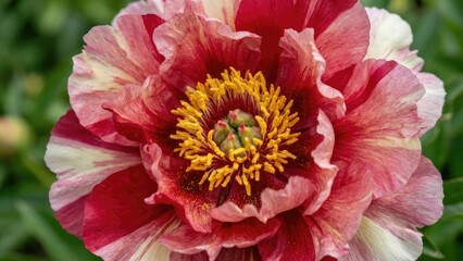 A detailed close-up of a vibrant poppy flower with striking red and white stripes. The flower features a bright yellow center surrounded by lush green foliage.