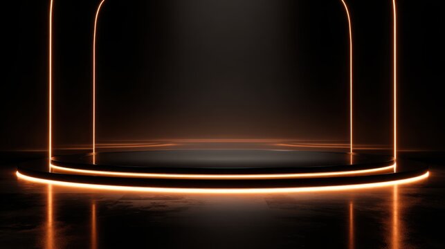 Empty futuristic stage with glossy black floor reflecting soft neon orange light, dark background, minimal architecture, cinematic tech atmosphere