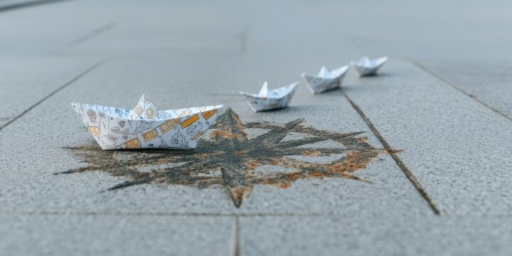 Inspiring Business Leadership and Strategic Navigation Professional Paper Boat Fleet on Concrete for Marketing and Branding Content - Powered by Adobe