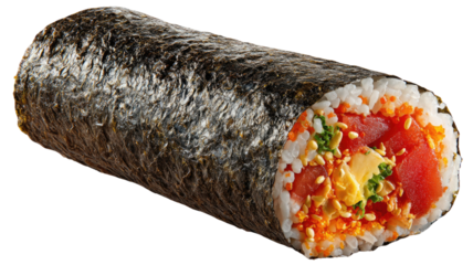 hand rolled sushi cone with rice fresh vegetables tuna wrapped in nori isolated on white background